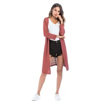 

2019 Autumn Women Knitted Cardigans Open Stitch Thin Hollow Out Ruffles Full Sleeve Loose Long Sweaters