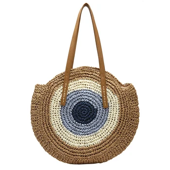 

Straw Bag Women'S Fashion Shoulder Bag Center Round Rattan Straw Hand-Woven Bohemian Large Size Beach Bag Brown