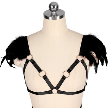 

Feather Harness Cage Bra O-ring Strappy Tops Shoulder Wings Bralette Sexy Lingerie Gothic Crop Top Plus Size Halloween Rave