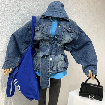

Korean Fashion Loose Belt Waist Denim coat Women's Jeans jacket long short Casual Girls Vintage outwear 2020 New spring NZY113