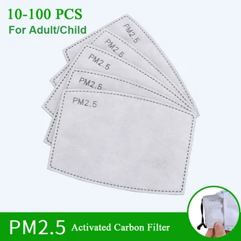 

100/50/10Pcs Mouth Face Mask Filter Paper 5 Layers PM2.5 Activated Carbon Disposable Filter Protective For Adult Kids Child