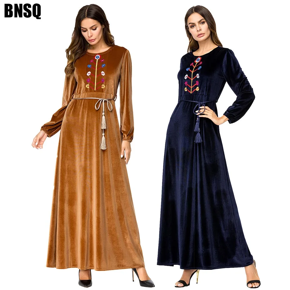 BNSQ зимнее бархатное платье с вышивкой деревьев недорого Caftan абайя кафтан