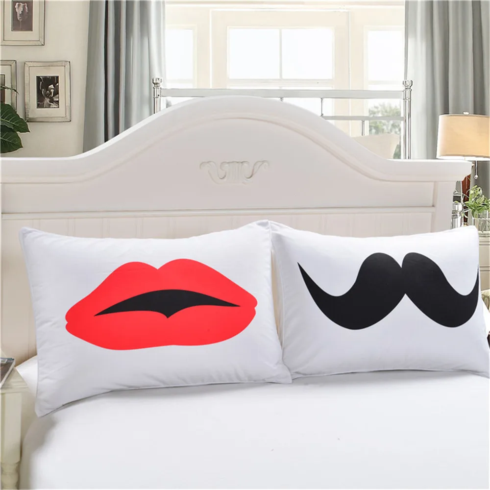 

50X90CM Romantic Red lips Beard Pillow Case White Couple Lovers Gift Pillow Throw Pillowcases Home Beddroom Two Pair Pillows