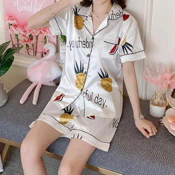 

2020 New Printing Short Sleeve Silk Pajamas Set Two Pieces Set Women Sleepwear Cute Nightwear for Women Sleeping set