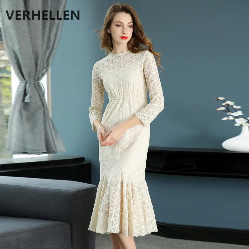 

VERHELLEN High Quality Fashion Designer Runway Dress 2019 Autumn Women's Long Sleeve O-Neck Bodycon Sexy Slim Mermaid Dress