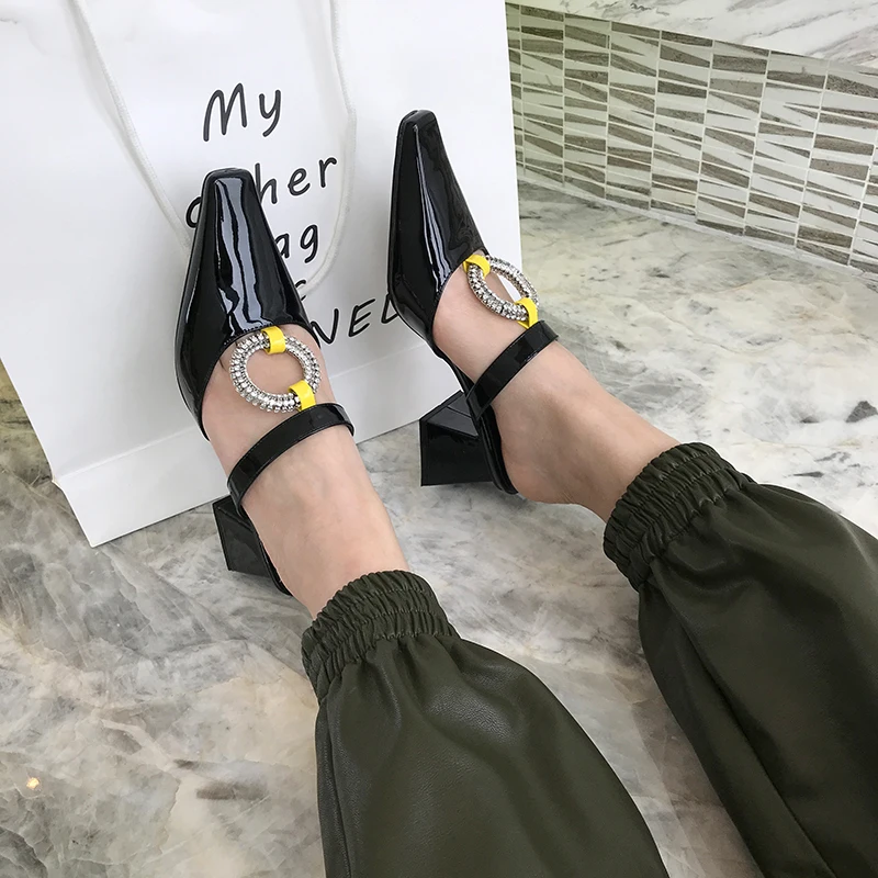 

Elegant Women Fashion Sandals Slippers Square Rhinestone Hollow Design Ring Slip On Slides Block High Heels Shoes Woman Slippers
