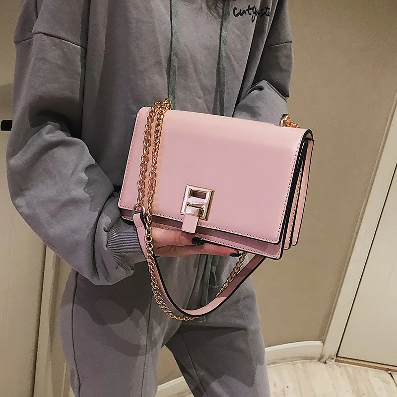 2019 новая Корейская версия замок одноместный на плечо округлая сумка моды сплошной цвет цепочка женская сумка маленькая квадратная сумка