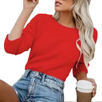 

Women Autumn Winter Solid Color O Neck Long Sleeve Plushy Sweater Bottoming Top