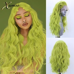 Neon Green Long Water Wavy Synthetic Lace Front Wig Glueless 13x4 Lace Front Wig Drag Queen Cosplay Party Synthetic Wigs