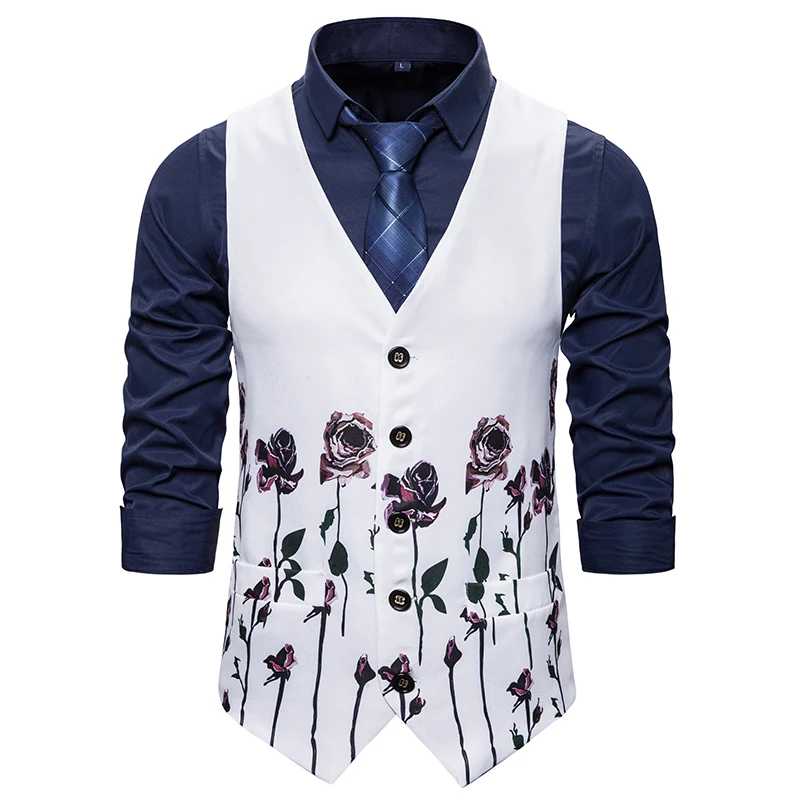 Men's Vest Brand New Casual Fashion Men's 3D Euro Code Rose Print Single-breasted Vest Vest Fashion Casual Suit Vest - Цвет: Белый