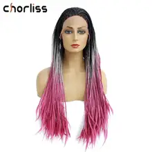 Вязание крючком коробка косички волос 2" Длинные Синтетические Кружева передние парики для женщин термостойкие волокна волос Премиум Ombre розовый черный бордовый