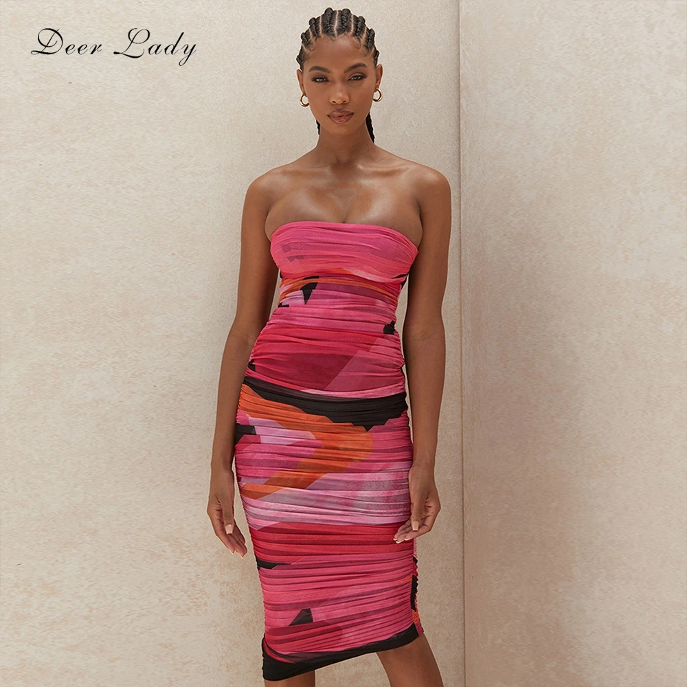 

Deer Lady Multicolours Strapless Ruched Midi Dress 2020 New Mesh Bodycon Dress Celebrity Club Party Dress Women Evening