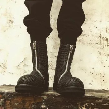 

Out Hollow Harajuku New Breathable Mens Mid Calf Vintage Quality Genuine Leather Round Toe Zip Male High Top Boots