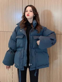 

Women Winter Korea Style Ultra Thick Padded Coat Ulzzang Solid Color Multi Pocket Waist Straip Lined Casual Coat Jacket Cloth