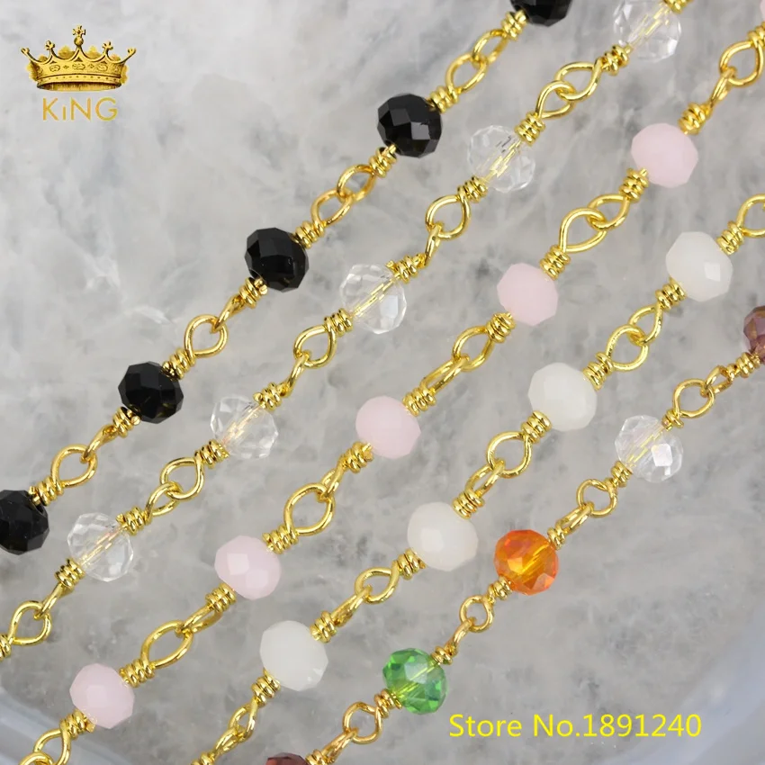 

5M/lot Bezel Glass Beaded Chain for Jewelry,3x4mm Faceted Rondelle Crystal Glass Plated Gold Links Glass Body Chains Findings
