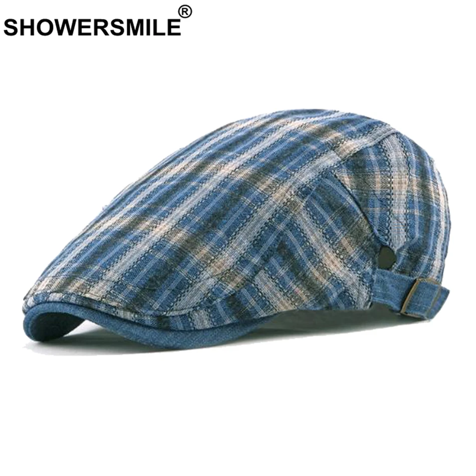

SHOWERSMILE Women Flat Cap Summer Plaid Duckbill Cap White Vintage Unisex Casual British Cotton Adjustable Ivy Mens Beret Hat
