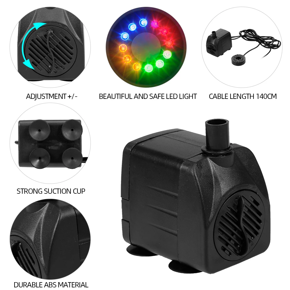 10W/15W Submersible Water Fountain Pump Solar Fountain Water Fountain Garden Pond Fountain Filter Fish Pond Aquarium Water Pump Tank Fountain with 12 LED Light