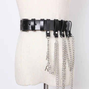 

Women Leather belt punk silver chain belts pants jeans waistband black cinturon mujer 2019