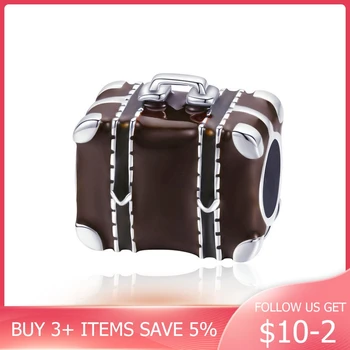 

CodeMonkey Hot Sale 925 Sterling Silver Travel Suitcase Box Brown Enamel Beads Charm fit Bangles Bracelet DIY Jewelry Making 952