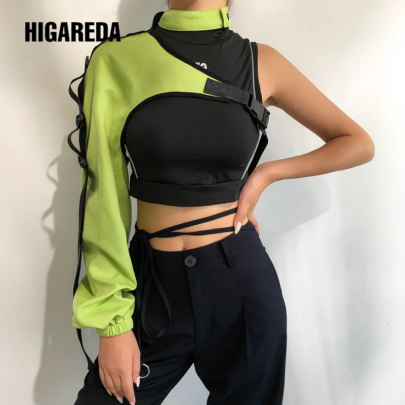 

HIGAREDA Neon Green One Shoulder Off Halter Top Harajuku Black Reflective Tshirt Women Hip Hop Street Wear Tee Shirt Femme