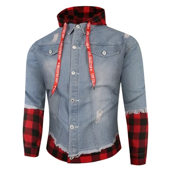 

2020 Spring New Fashion Stitching Hooded Men's Denim Jacket Men's Jacket Cotton Preppy Style with Nood