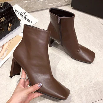 

Women Elegant Ankle Boots Shoes Block High Heels Sock Boots Square Toe Chunky Heels Zipper Boots Lady Autumn Winter Party Shoes