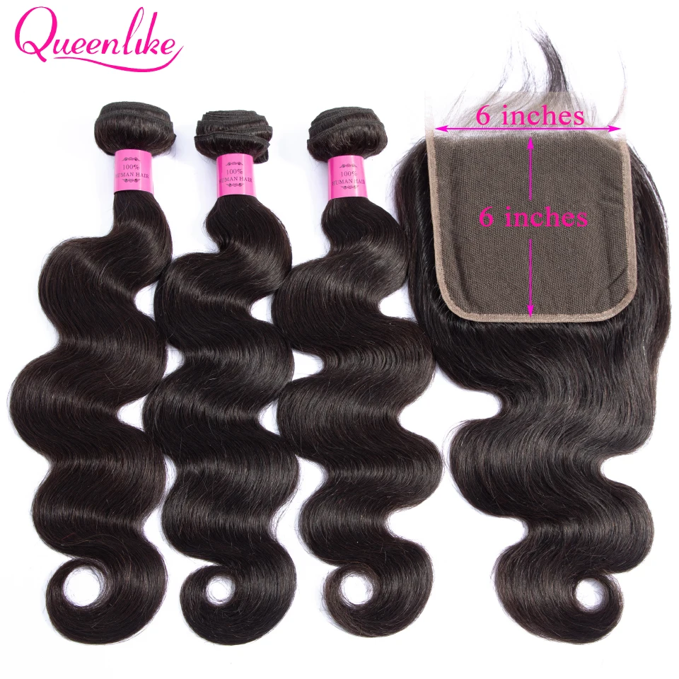 Ceny Queenlike włosy 3 zestawy brazylijski ciało fala z 6x6 duże zamknięcie koronki podwójne pasma nie Remy wiązki ludzkich włosów z zamknięciem