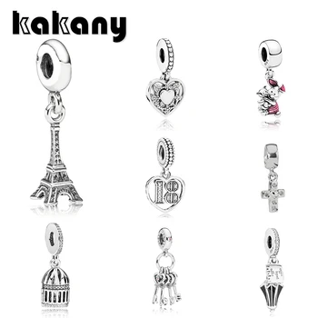 

KAKANY 100% 925 Sterling Silver Eiffel Tower Cute Pig Poppins Umbrella Bird Cage Love Key Cross 18 Years of Love Hanging Charm