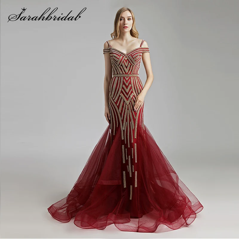 Robe De Soiree Бургундия Русалка вечернее платье длинное Бисероплетение Кристалл с открытыми плечами на молнии без спинки для женщин Формальное вечернее платье LSX494