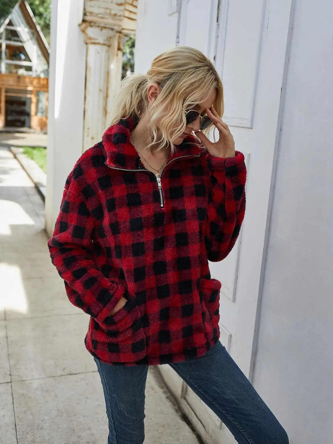 

Designer Women Clothing 2020 Winter New Arrival Plaid/Camouflage Jacket Thick Loose Female Pullover Half Lapel Top Plush Fleece