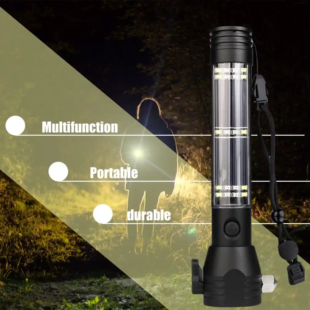 Solar Power LED Flashlight 9in1 Multi-functional Safety Hammer Torch Light UK