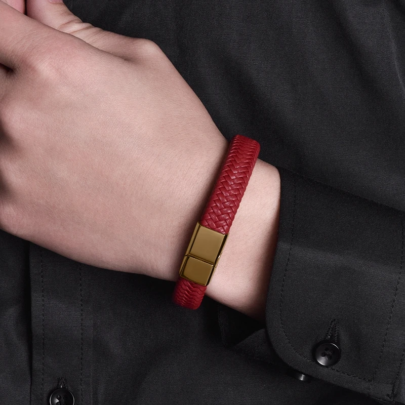 Mozo fashion подвеска красный плетеный кожаный браслет золотого цвета из нержавеющей стали магнитный браслет со стальными элементами модные женские туфли браслеты 161