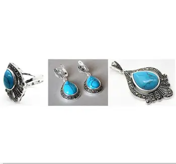 

Fashion jewelry Free Shipping Vintage Blue Stone 925 Sterling Silver Marcasite Ring (#7-10) pendant and earrings sets