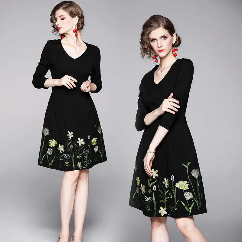 

Black And White with Pattern Jersey Dress Long Sleeve Female Autumn 2019 New Style Fashion Embroidered Elegant by Age Waist Hugg
