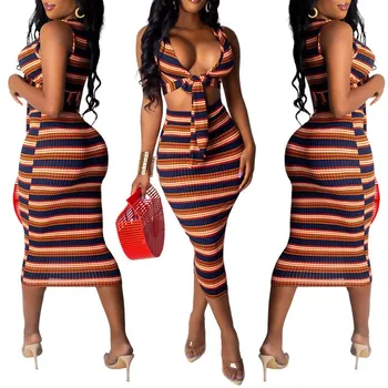 

Summer Women Party Sleeveless Stripes Knitting Bodycon 2 Piece Set Bow Tie Up Deep V-Neck Lace Up Sexy Women's Set