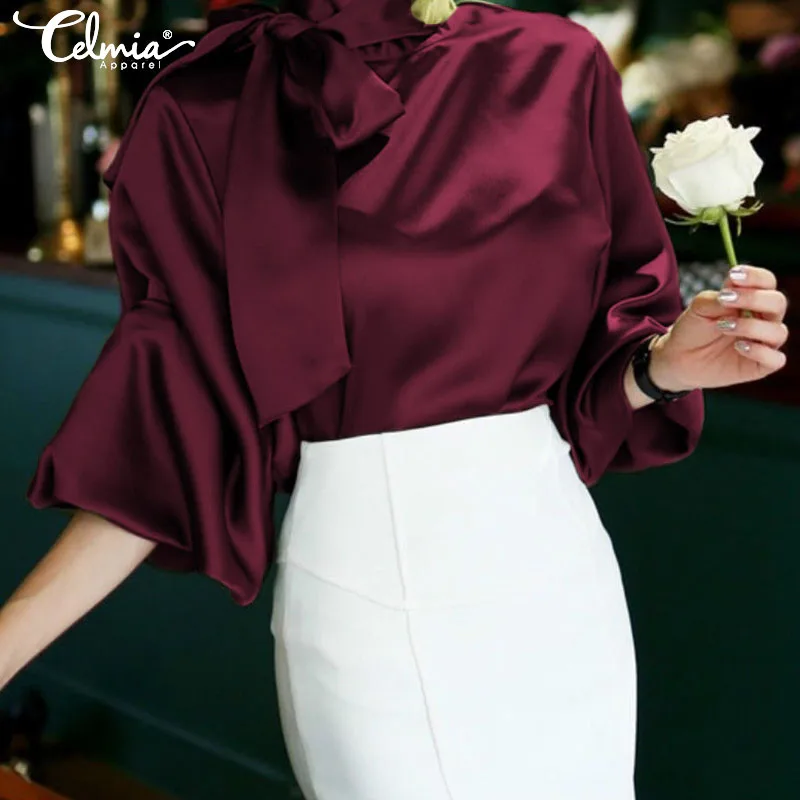 

Celmia 2020 Autumn Tops Women Solid White Blouse Casual Loose Long Sleeve Blusas Elegant Ladies Office Shirt Plus Size Femininas