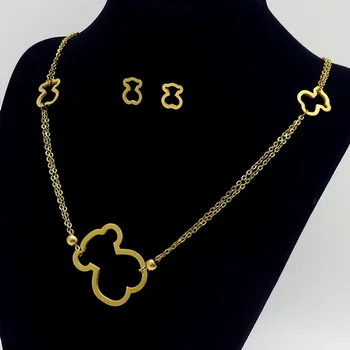 

2 Sets of European and American Cute Hollow Bear Jewelry Set Earrings Necklace Double Chain 3 Bear Female Star Jewelry Gift Hot
