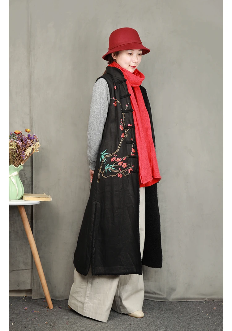 LZJN 2020 Spring Vest Women Waistcoat Warm Fleece Traditional Chinese Cardigan Long  Vest Ladies Sleeveless Veste Femme (7)