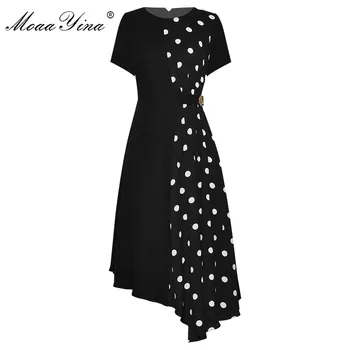 

MoaaYina Fashion Designer dress Summer Women's Dress Short sleeve Asymmetrical Dot Print Dresses