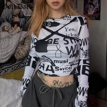 גותיקה כהה גראנג 'פאנק גותי נשים חולצות Harajuku מכתב הדפסת סתיו 2019 ארוך שרוול נשי חולצת טי פאנק אופנה Harajuku(China)