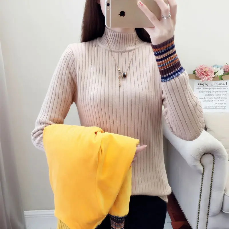 fleece khaki Женский осенний свитер с высоким воротом, флисовые теплые пуловеры - Цвет: fleece khaki