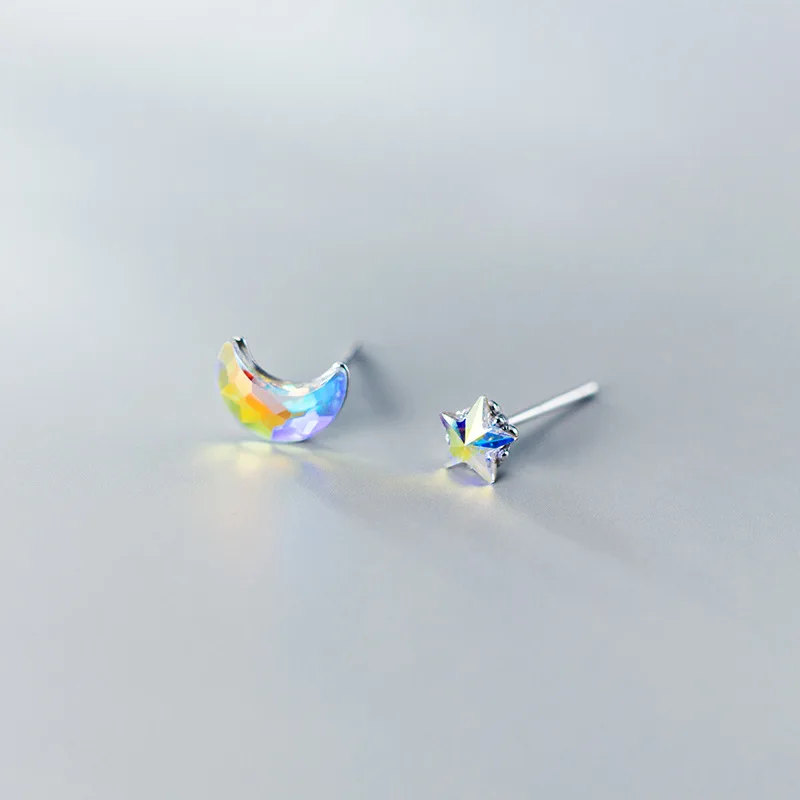 

925 Sterling Silver Pierced Earrings Asymmetric Aurora Color Crystal Star Moon Stud Earrings For Women Girls Wedding Jewelry