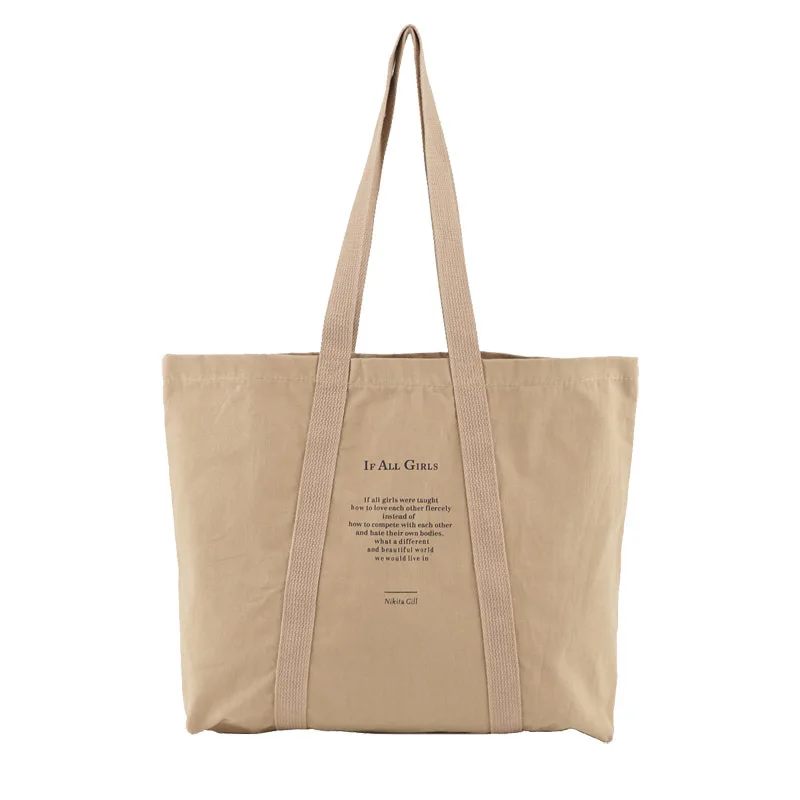 

Ougger Big Women Large Capacity Shoulder Handbags Summer Khaki Canvas Simple Literary Tote Bag with Letter for Afternoon tea