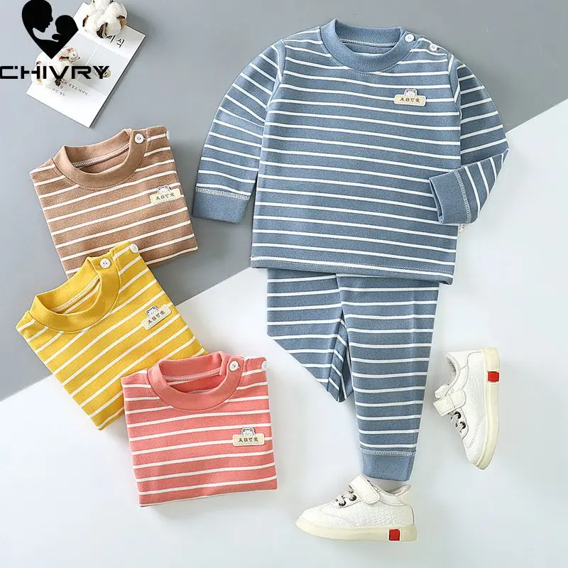 New 2020 Kids Boys Girls Pajama Sets Striped Long Sleeve O-Neck T-Shirt Tops with Pants Toddler Autumn Warm Sleeping Clothes Set