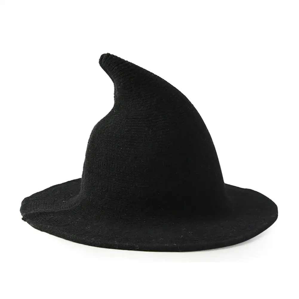 Вязаная Шерстяная Рыбацкая шляпа осенне-зимняя шляпа ведьмы остроконечная Hair Hat Женская рождественская шляпа женские цветные острые вечерние на Хэллоуин - Цвет: Black