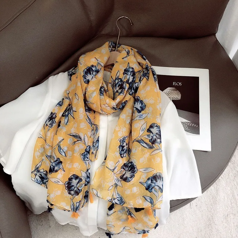 

Fashion Women Spain Luxury Viscose Scarf Lovely Yellow Floral Tassel Beach Shawls and Wraps Femme Foulard Echarpe Snood 180*90Cm