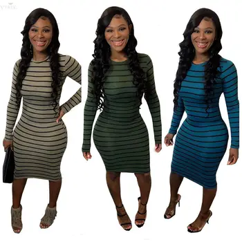 

Fashion Women Dress New Midi Dress O-neck Long Sleeve Print Dress Striped Sexy Dress Night Clubwear Party Bandage Bodycon Dress
