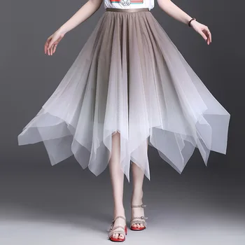 

2020 Summer WOmen Mesh Irregular Skirt High Waist Gradient Midi Skirt Femme Saia Falda Mujer Streetwear