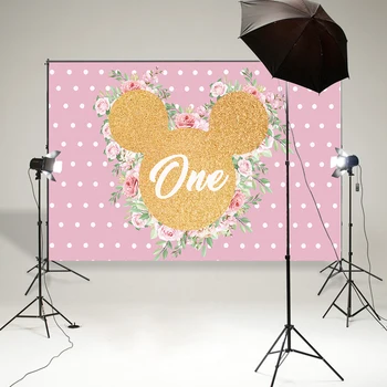 

Pink flower Backdrop Cartoon girl 1st first Birthday Party decor Photographic Background Photo Studio candy table banner B-890