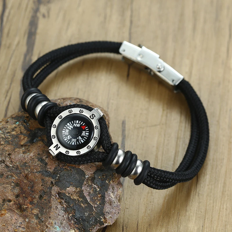 

BLACK DOUBLE STRAND ROPE STAINLESS STEEL COMPASS BRACELET FOR MEN JEWELRY